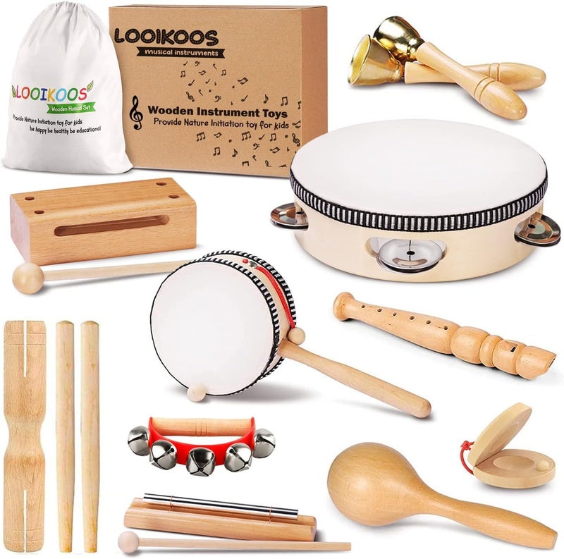 LOOIKOOS Toddler Musical Instruments, Eco Friendly Music Set for Kids Preschool Educational, Natural Wooden Percussion Instruments Musical Toys for Boys and Girls with Storage Bag - Image 1